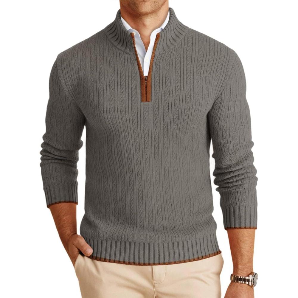 imageRuncati Mens QuarterZip Pullover Sweater Casual Mock Neck Knitted Winter Warm Ribbed Polo SweatersGray