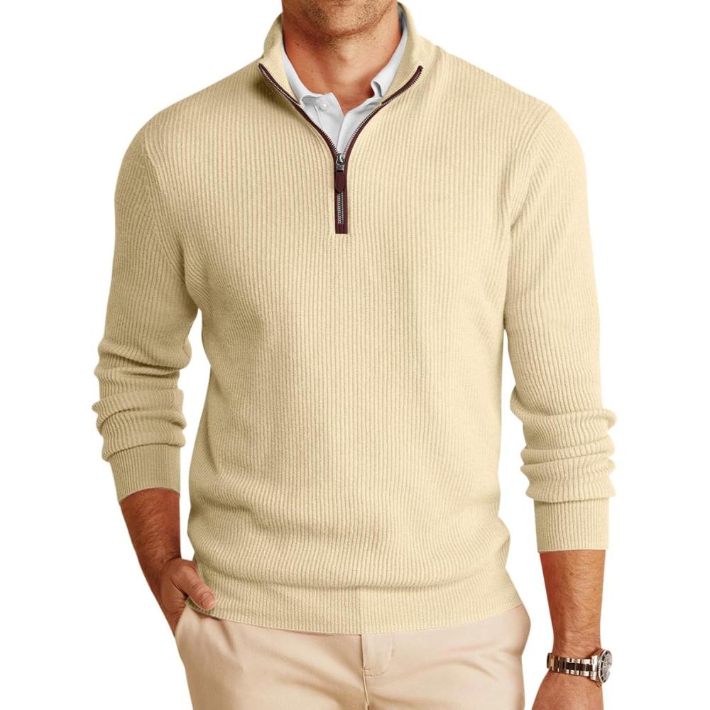 imageRuncati Mens QuarterZip Pullover Sweater Casual Mock Neck Winter Warm Ribbed Polo SweatersBeige