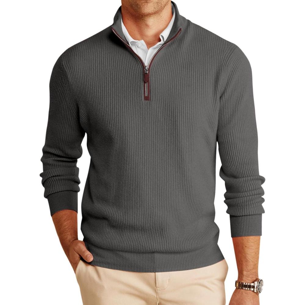 imageRuncati Mens QuarterZip Pullover Sweater Casual Mock Neck Winter Warm Ribbed Polo SweatersDark Gray