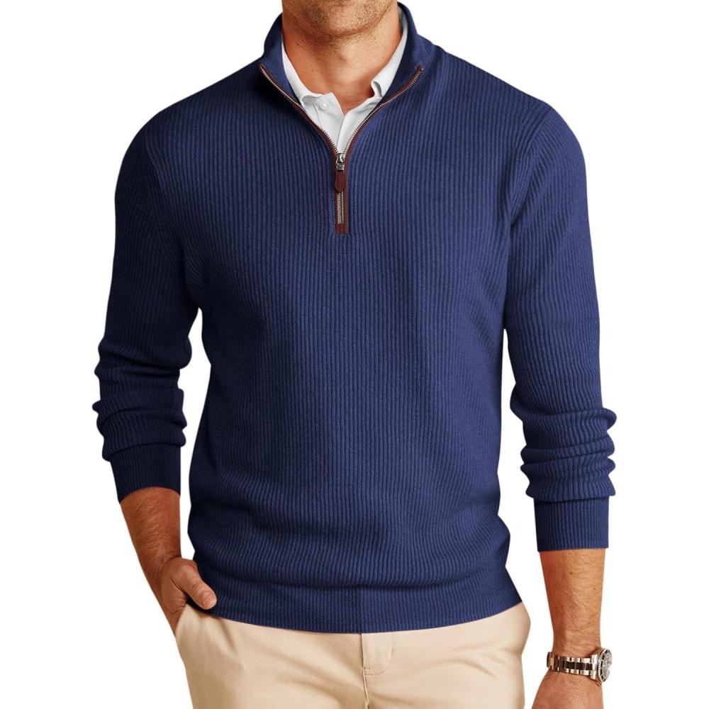 imageRuncati Mens QuarterZip Pullover Sweater Casual Mock Neck Winter Warm Ribbed Polo SweatersNavy