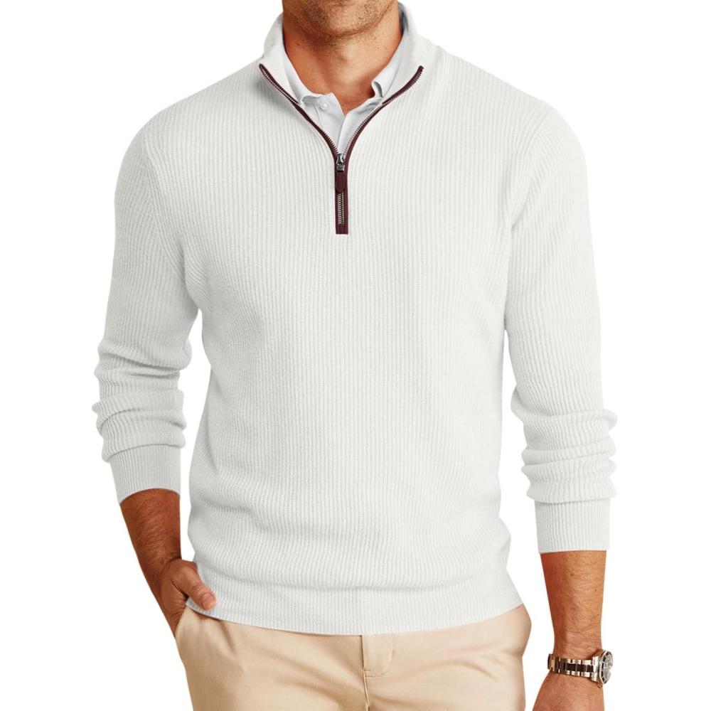imageRuncati Mens QuarterZip Pullover Sweater Casual Mock Neck Winter Warm Ribbed Polo SweatersWhite
