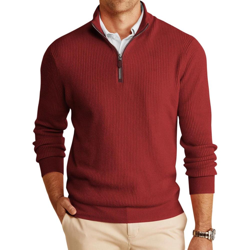 imageRuncati Mens QuarterZip Pullover Sweater Casual Mock Neck Winter Warm Ribbed Polo SweatersWine Red