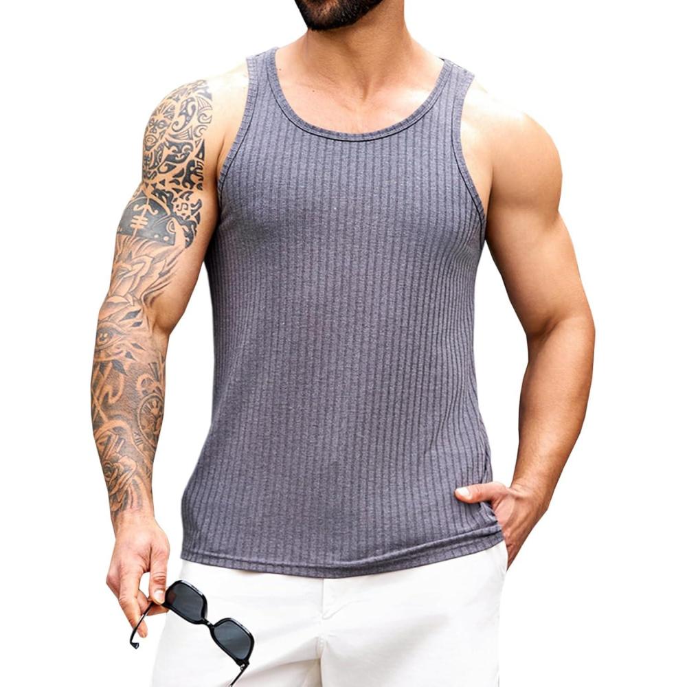 imageRuncati Mens Ribbed Knit Tank Top Cotton Sleeveless Shirts Summer Beach Workout Muscle UndershirtGrey