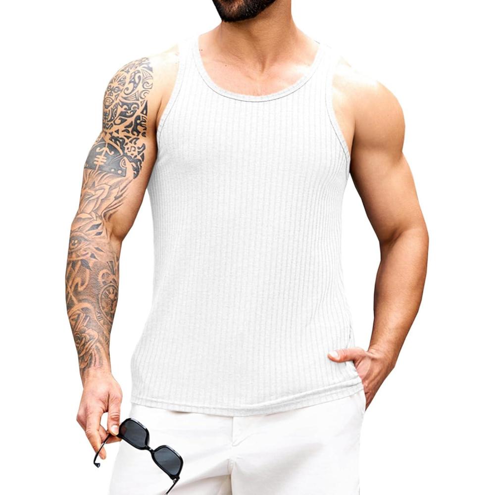 imageRuncati Mens Ribbed Knit Tank Top Cotton Sleeveless Shirts Summer Beach Workout Muscle UndershirtWhite