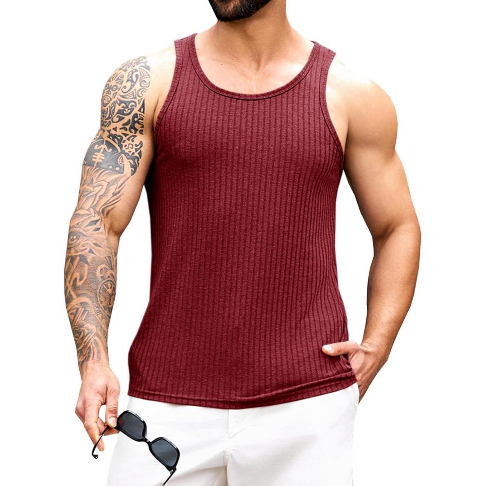 imageRuncati Mens Ribbed Knit Tank Top Cotton Sleeveless Shirts Summer Beach Workout Muscle UndershirtWine Red