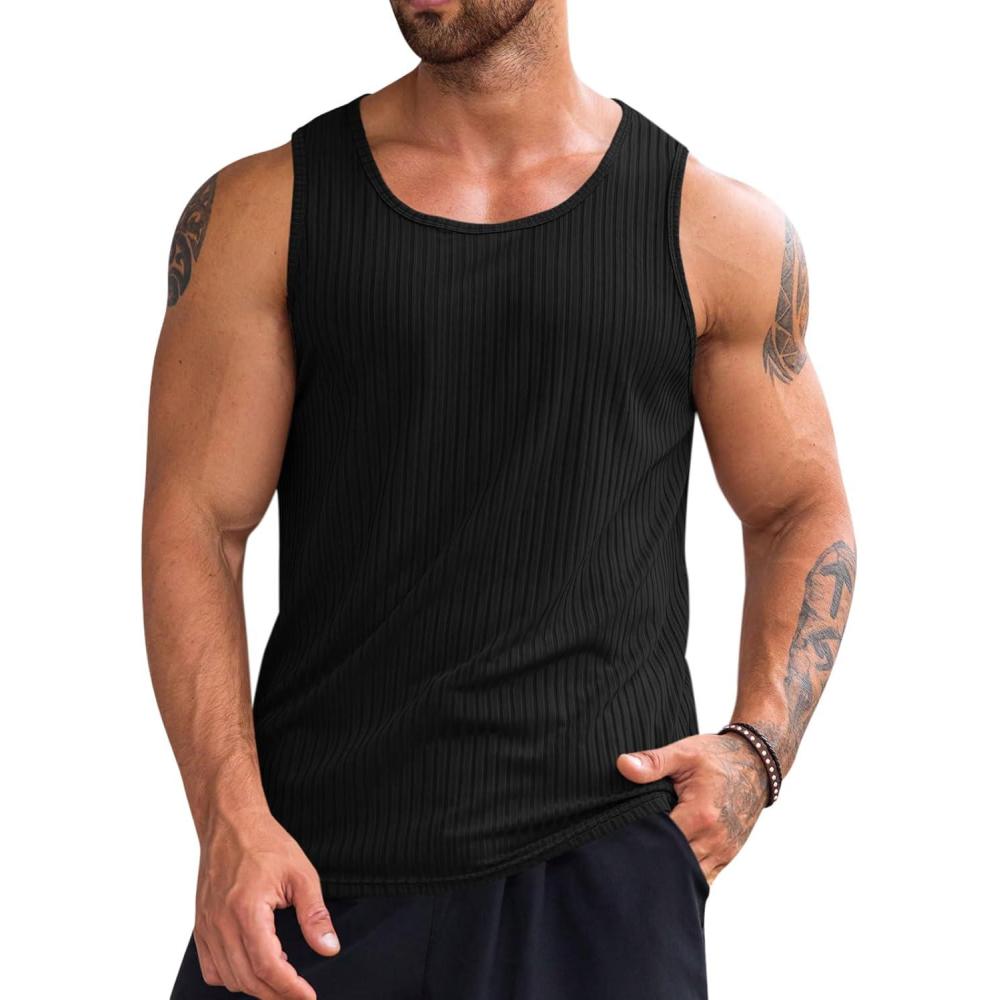 imageRuncati Mens Ribbed Tank Tops Knit Sleeveless Workout T Shirt Muscle Gym Fitness TeeBlack