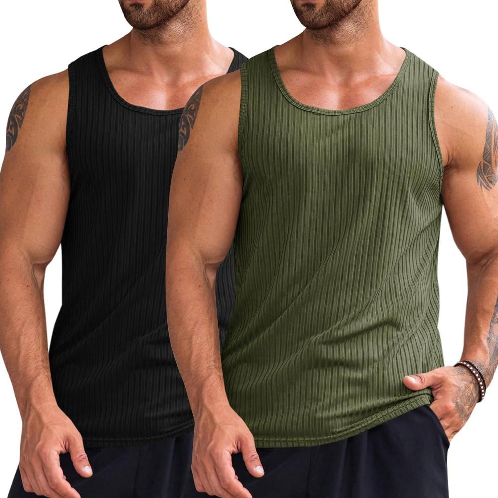 imageRuncati Mens Ribbed Tank Tops Knit Sleeveless Workout T Shirt Muscle Gym Fitness TeeBlackArmy Green