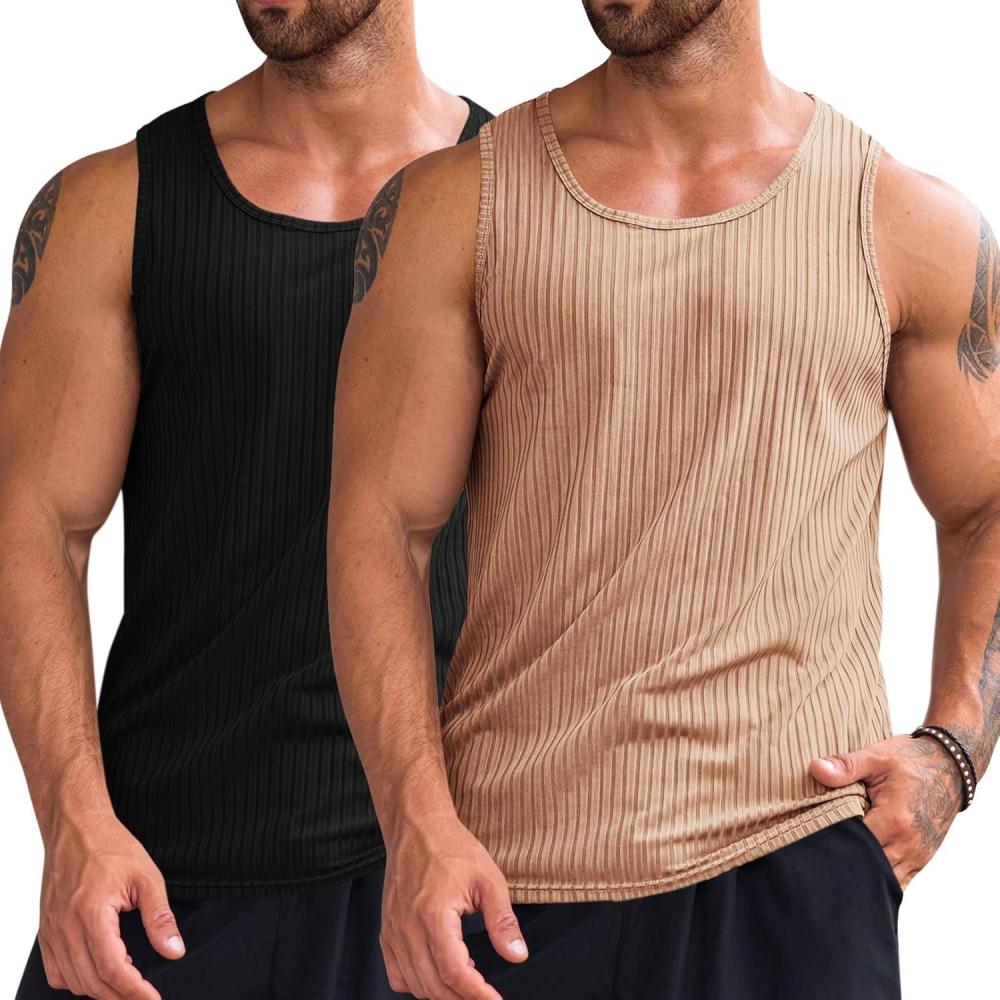 imageRuncati Mens Ribbed Tank Tops Knit Sleeveless Workout T Shirt Muscle Gym Fitness TeeBlackKhaki