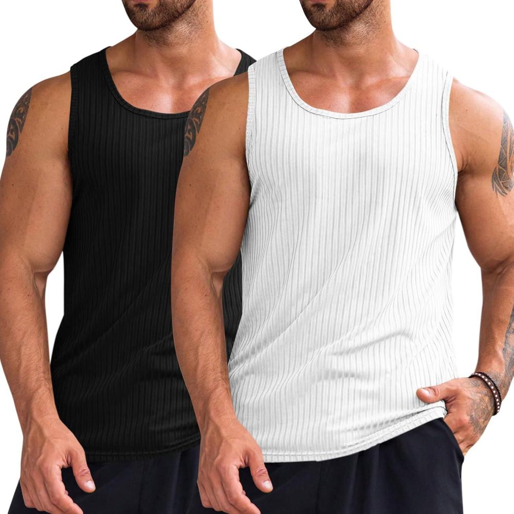 imageRuncati Mens Ribbed Tank Tops Knit Sleeveless Workout T Shirt Muscle Gym Fitness TeeBlackWhite