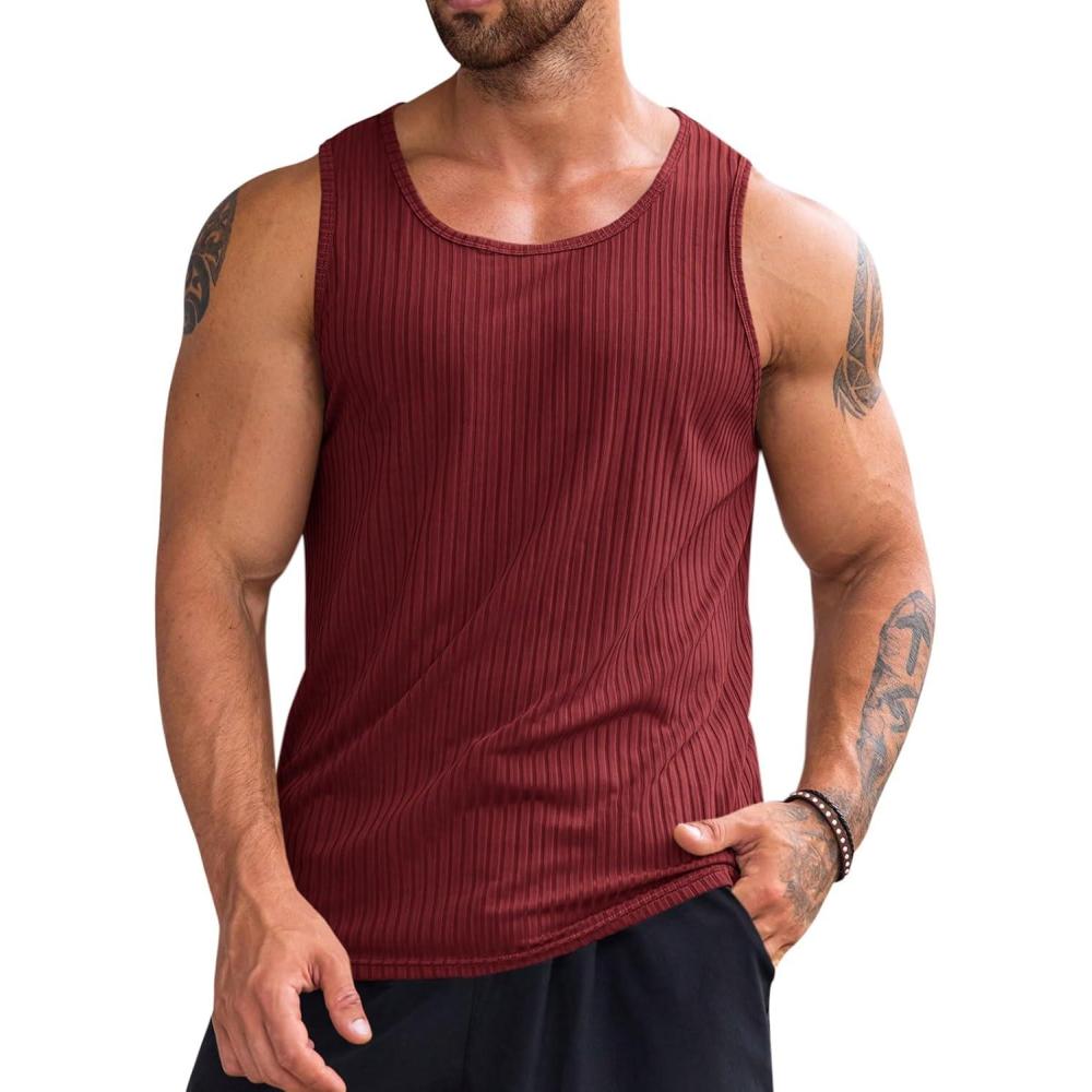 imageRuncati Mens Ribbed Tank Tops Knit Sleeveless Workout T Shirt Muscle Gym Fitness TeeBurgundy