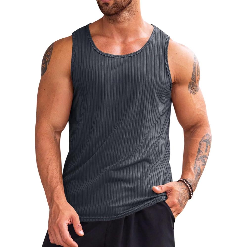 imageRuncati Mens Ribbed Tank Tops Knit Sleeveless Workout T Shirt Muscle Gym Fitness TeeDark Grey