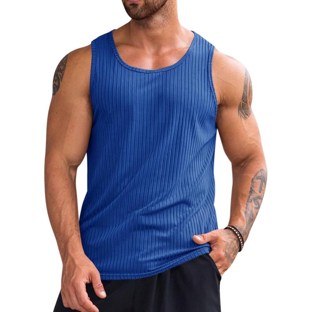 imageRuncati Mens Ribbed Tank Tops Knit Sleeveless Workout T Shirt Muscle Gym Fitness TeeRoyal Blue