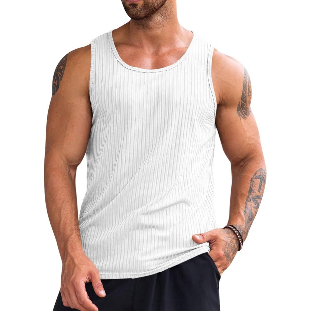 imageRuncati Mens Ribbed Tank Tops Knit Sleeveless Workout T Shirt Muscle Gym Fitness TeeWhite