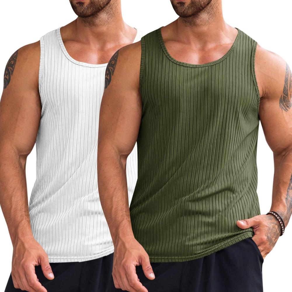 imageRuncati Mens Ribbed Tank Tops Knit Sleeveless Workout T Shirt Muscle Gym Fitness TeeWhiteArmy Green