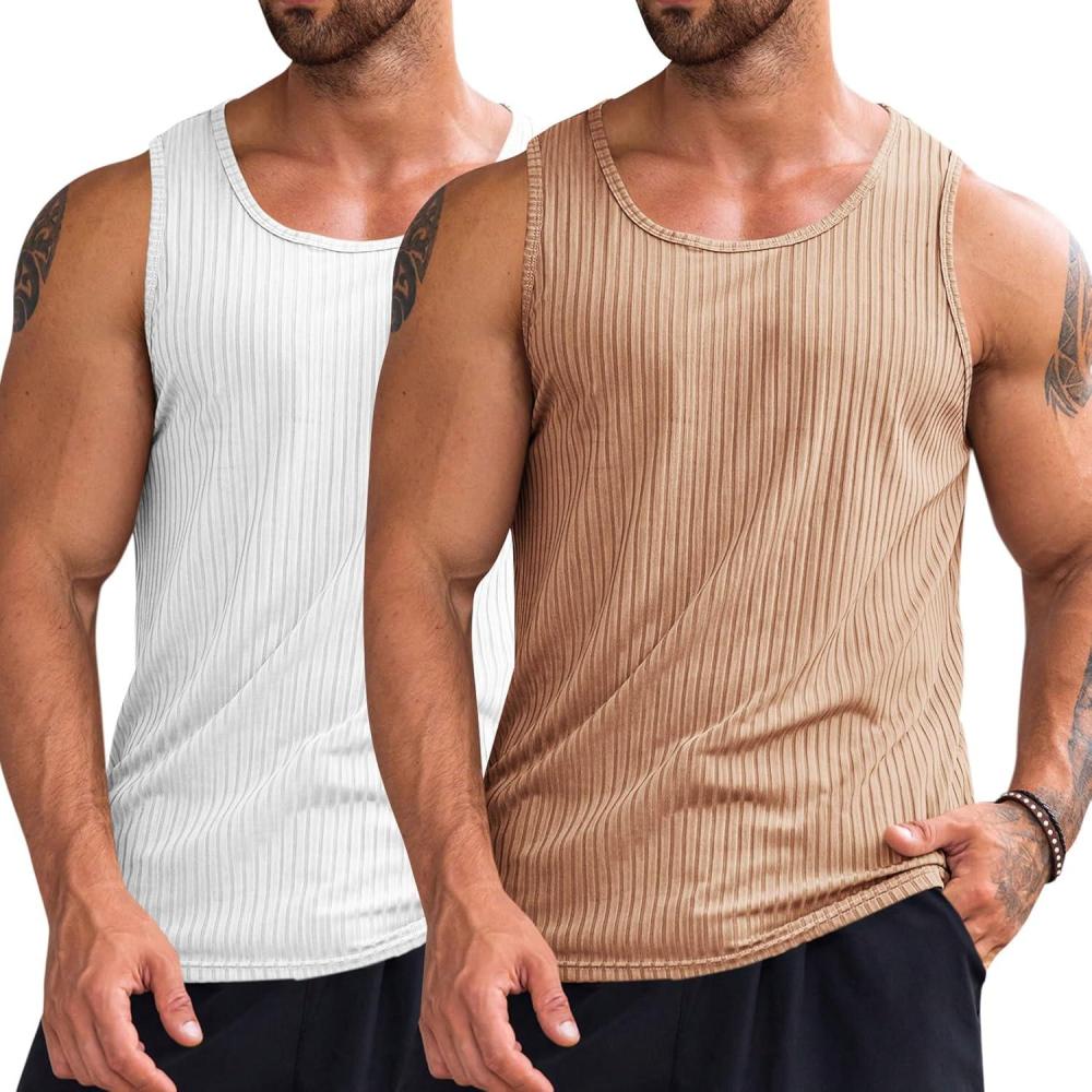 imageRuncati Mens Ribbed Tank Tops Knit Sleeveless Workout T Shirt Muscle Gym Fitness TeeWhiteKhaki