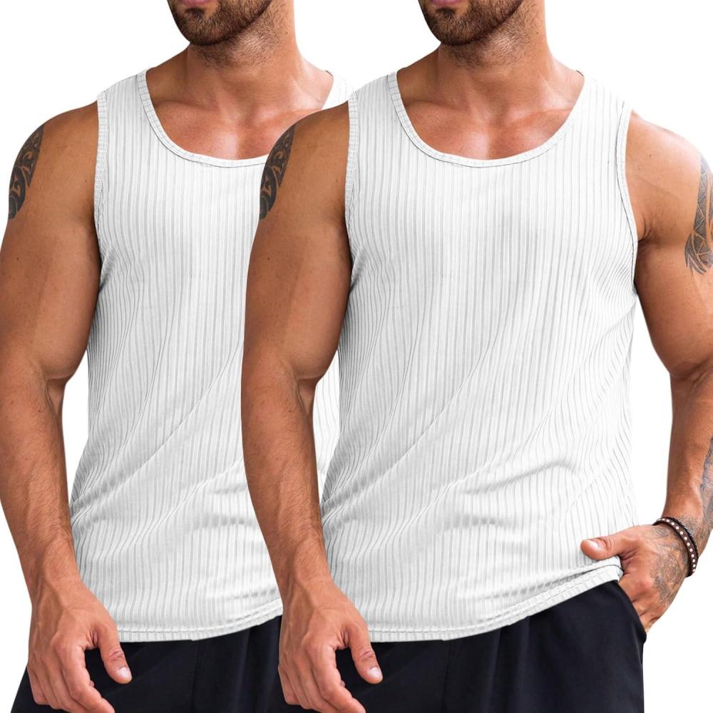 imageRuncati Mens Ribbed Tank Tops Knit Sleeveless Workout T Shirt Muscle Gym Fitness TeeWhiteWhite
