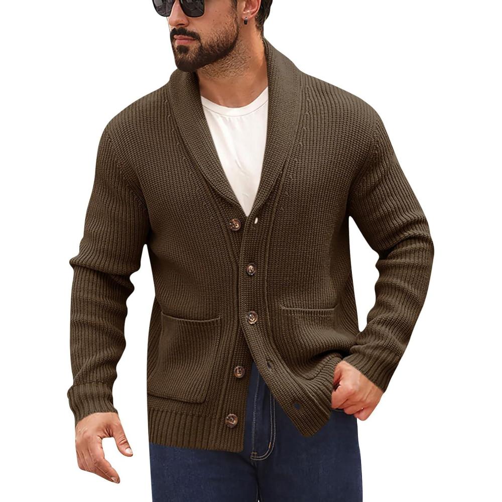 imageRuncati Mens Shawl Collar Cardigan Sweater Button Down Ribbed Knit Sweaters Chunky Casual Cardigan with PocketsBrown