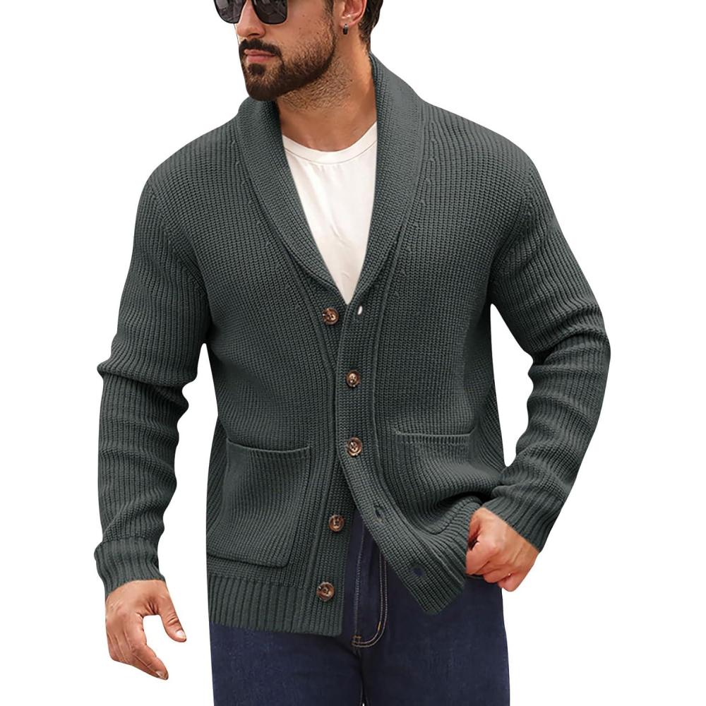 imageRuncati Mens Shawl Collar Cardigan Sweater Button Down Ribbed Knit Sweaters Chunky Casual Cardigan with PocketsDark Grey