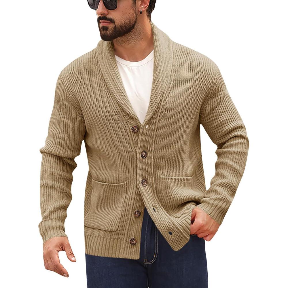 imageRuncati Mens Shawl Collar Cardigan Sweater Button Down Ribbed Knit Sweaters Chunky Casual Cardigan with PocketsKhaki