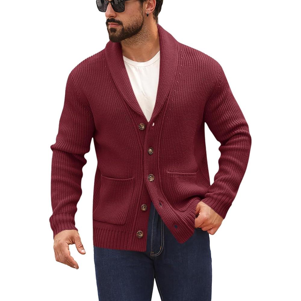 imageRuncati Mens Shawl Collar Cardigan Sweater Button Down Ribbed Knit Sweaters Chunky Casual Cardigan with PocketsWine Red