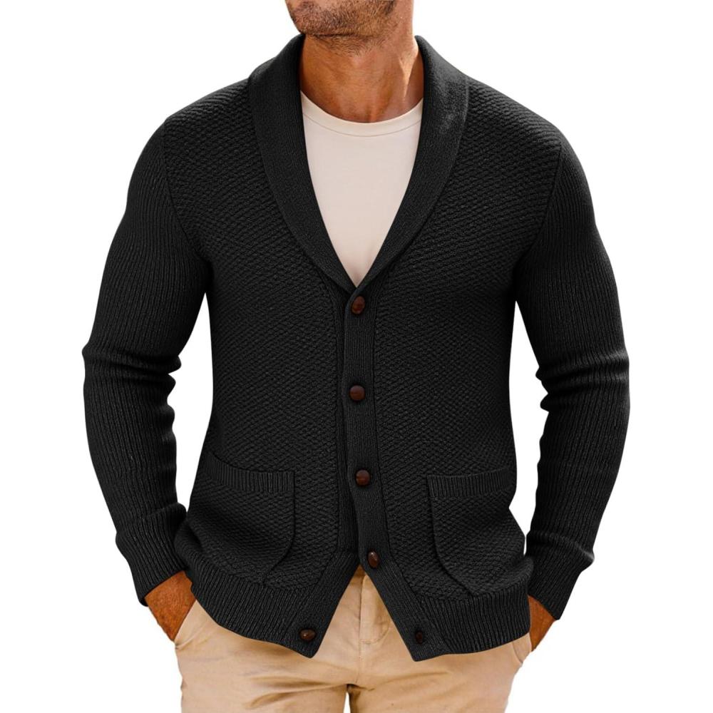 imageRuncati Mens Shawl Collar Cardigan Sweater Button Down Textured Knit Sweaters Casual Chunky Cardigan with PocketsBlack
