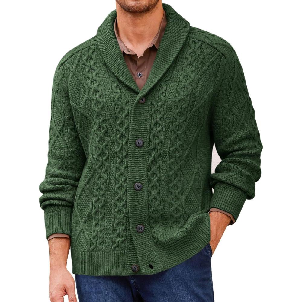 imageRuncati Mens Shawl Collar Cardigan Sweater Cable Knitted Button Down Sweaters Chunky Fall Winter OutwearArmy Green