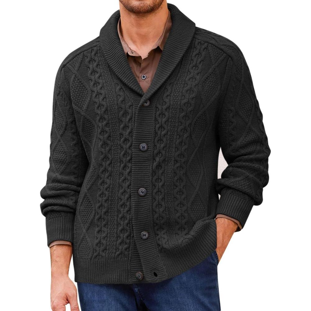 imageRuncati Mens Shawl Collar Cardigan Sweater Cable Knitted Button Down Sweaters Chunky Fall Winter OutwearBlack
