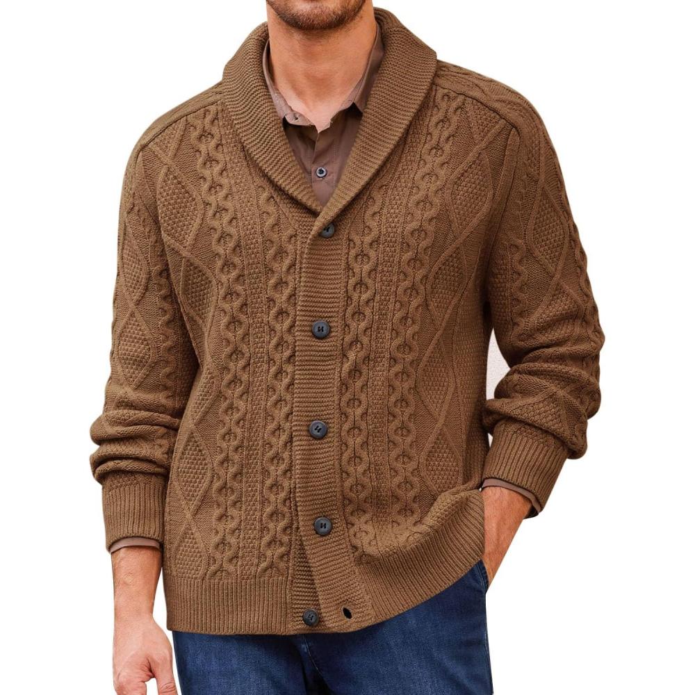 imageRuncati Mens Shawl Collar Cardigan Sweater Cable Knitted Button Down Sweaters Chunky Fall Winter OutwearBrown