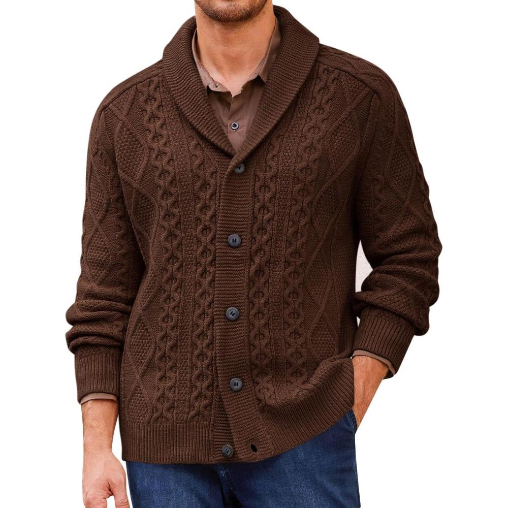 imageRuncati Mens Shawl Collar Cardigan Sweater Cable Knitted Button Down Sweaters Chunky Fall Winter OutwearCoffee