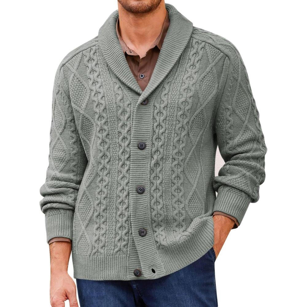 imageRuncati Mens Shawl Collar Cardigan Sweater Cable Knitted Button Down Sweaters Chunky Fall Winter OutwearGrey