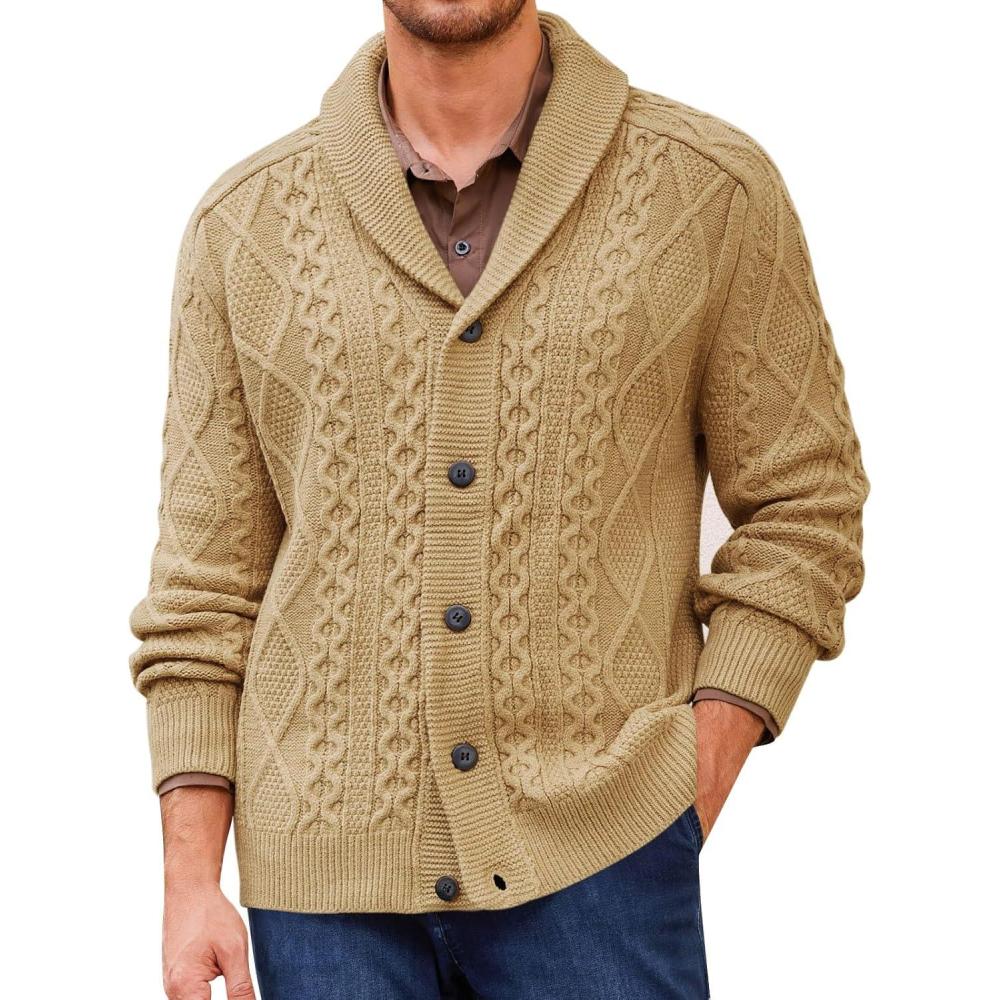 imageRuncati Mens Shawl Collar Cardigan Sweater Cable Knitted Button Down Sweaters Chunky Fall Winter OutwearKhaki
