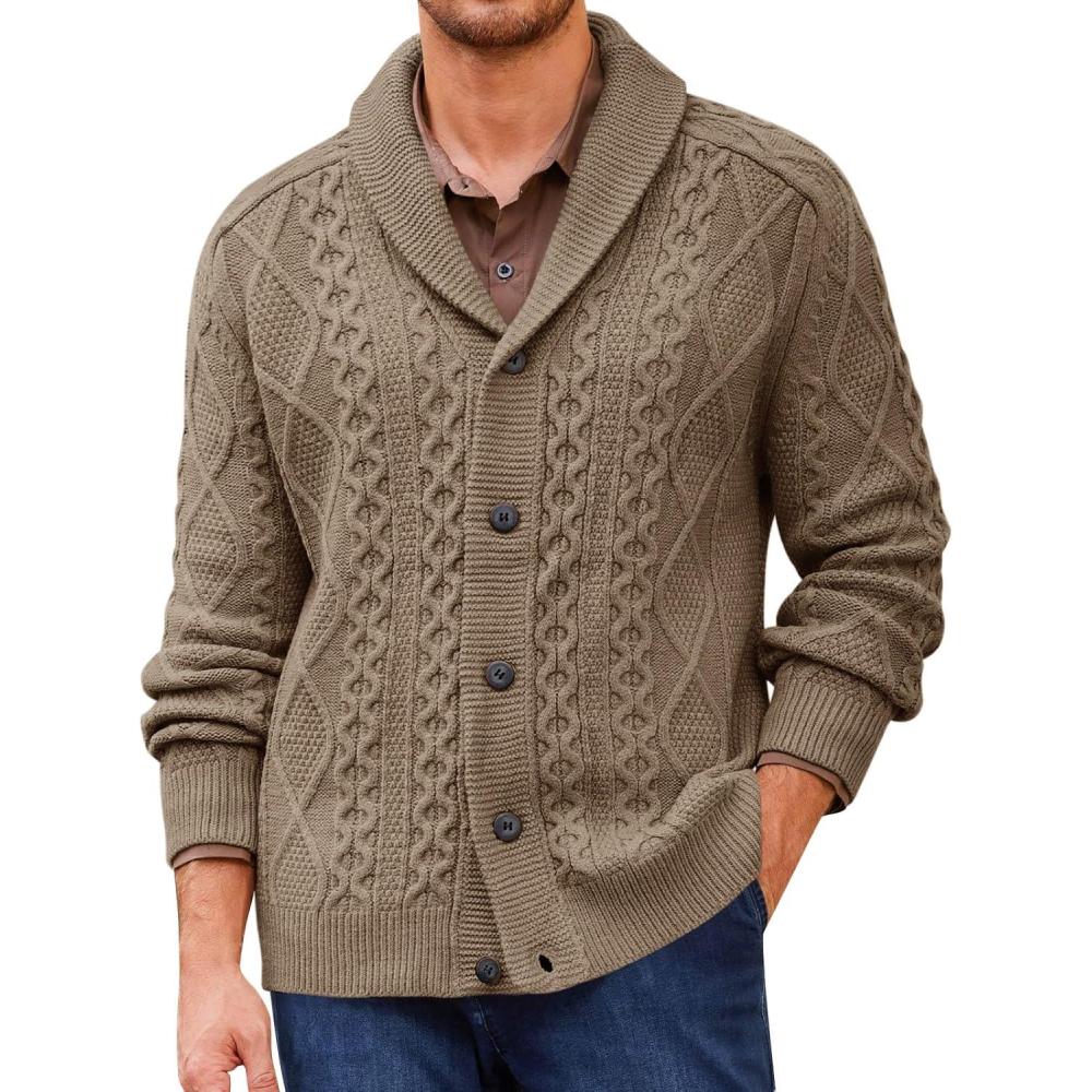 imageRuncati Mens Shawl Collar Cardigan Sweater Cable Knitted Button Down Sweaters Chunky Fall Winter OutwearLight Brown