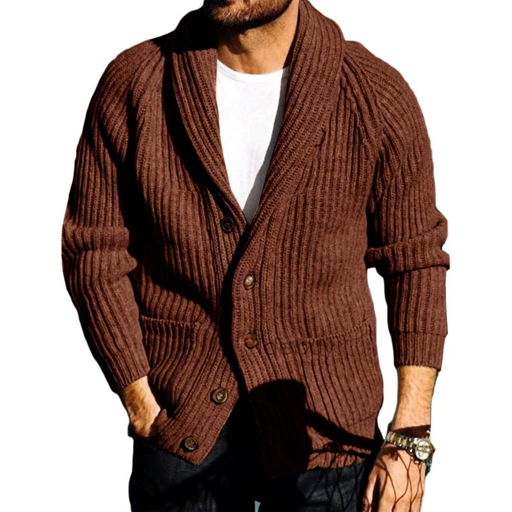 imageRuncati Mens Shawl Collar Cardigan Sweaters Button Down Open Front Knitwear Cable Knitted Ribbed Jackets OutwearBrown