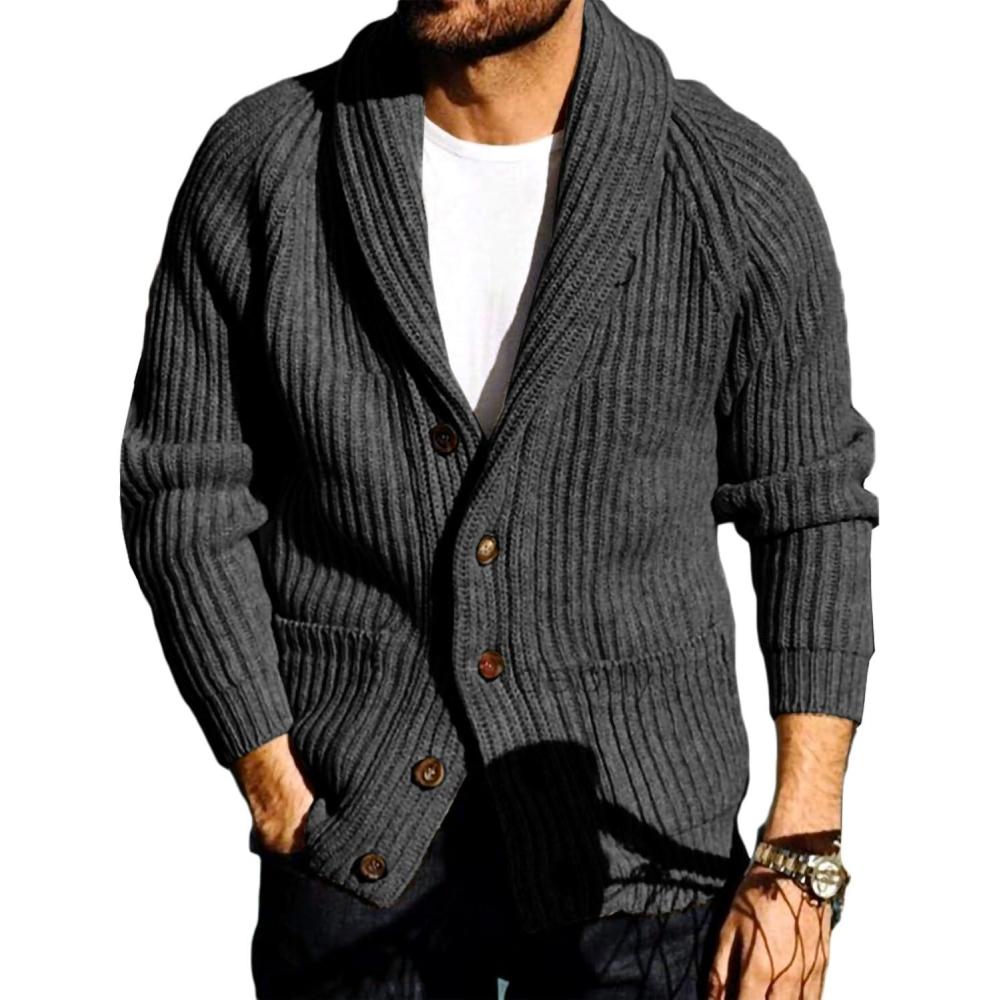 imageRuncati Mens Shawl Collar Cardigan Sweaters Button Down Open Front Knitwear Cable Knitted Ribbed Jackets OutwearDark Grey