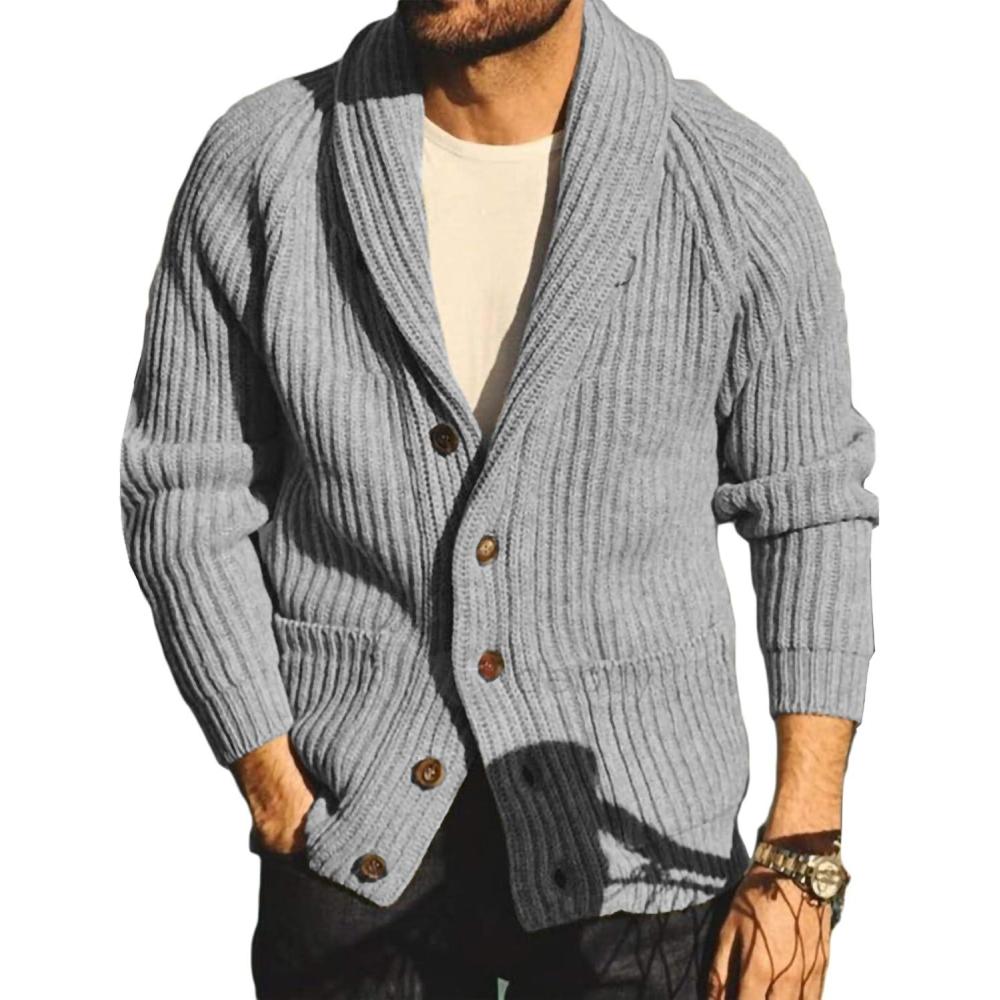 imageRuncati Mens Shawl Collar Cardigan Sweaters Button Down Open Front Knitwear Cable Knitted Ribbed Jackets OutwearGray