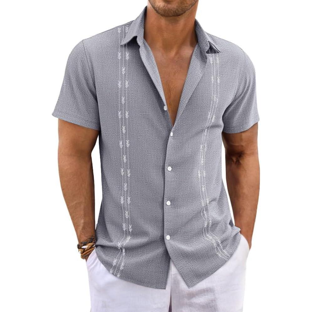 imageRuncati Mens Short Sleeve Guayabera Shirts Button Down Cuban Casual Mexican Shirts Summer Beach Wedding Linen TopsGray