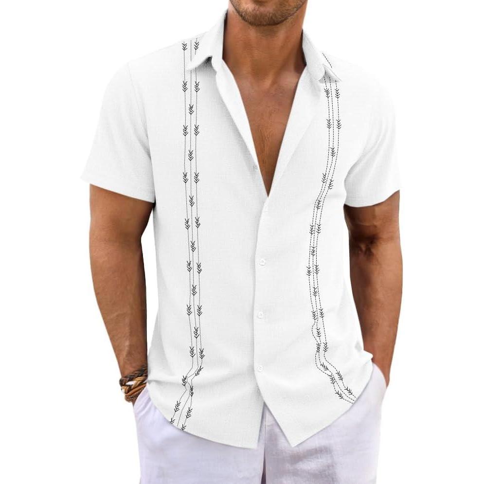imageRuncati Mens Short Sleeve Guayabera Shirts Button Down Cuban Casual Mexican Shirts Summer Beach Wedding Linen TopsWhite