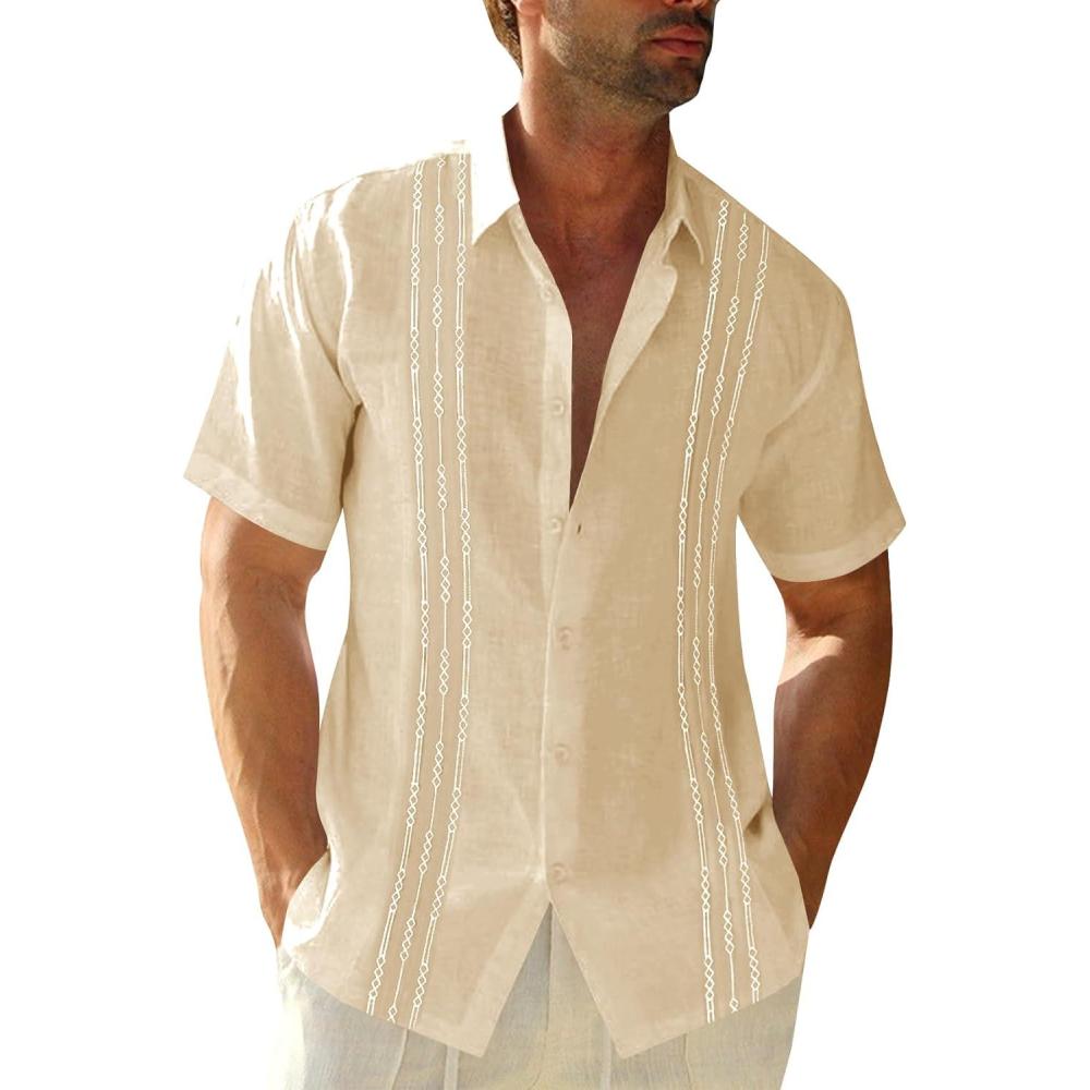 imageRuncati Mens Short Sleeve Guayabera Shirts Linen Cotton Button Down Mexican Embroidered Cuban Wedding Shirt Summer Beach Tops03 Beige