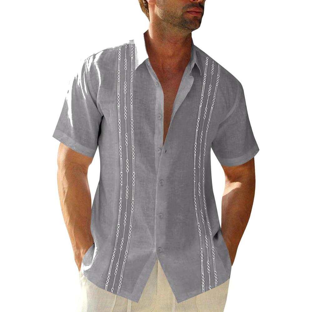 imageRuncati Mens Short Sleeve Guayabera Shirts Linen Cotton Button Down Mexican Embroidered Cuban Wedding Shirt Summer Beach Tops03 Gray