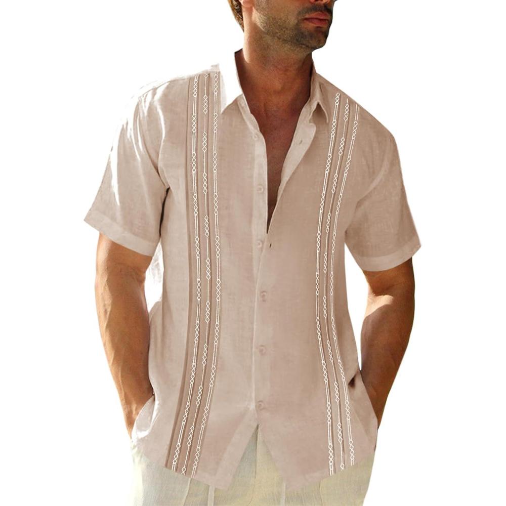 imageRuncati Mens Short Sleeve Guayabera Shirts Linen Cotton Button Down Mexican Embroidered Cuban Wedding Shirt Summer Beach Tops03 Khaki