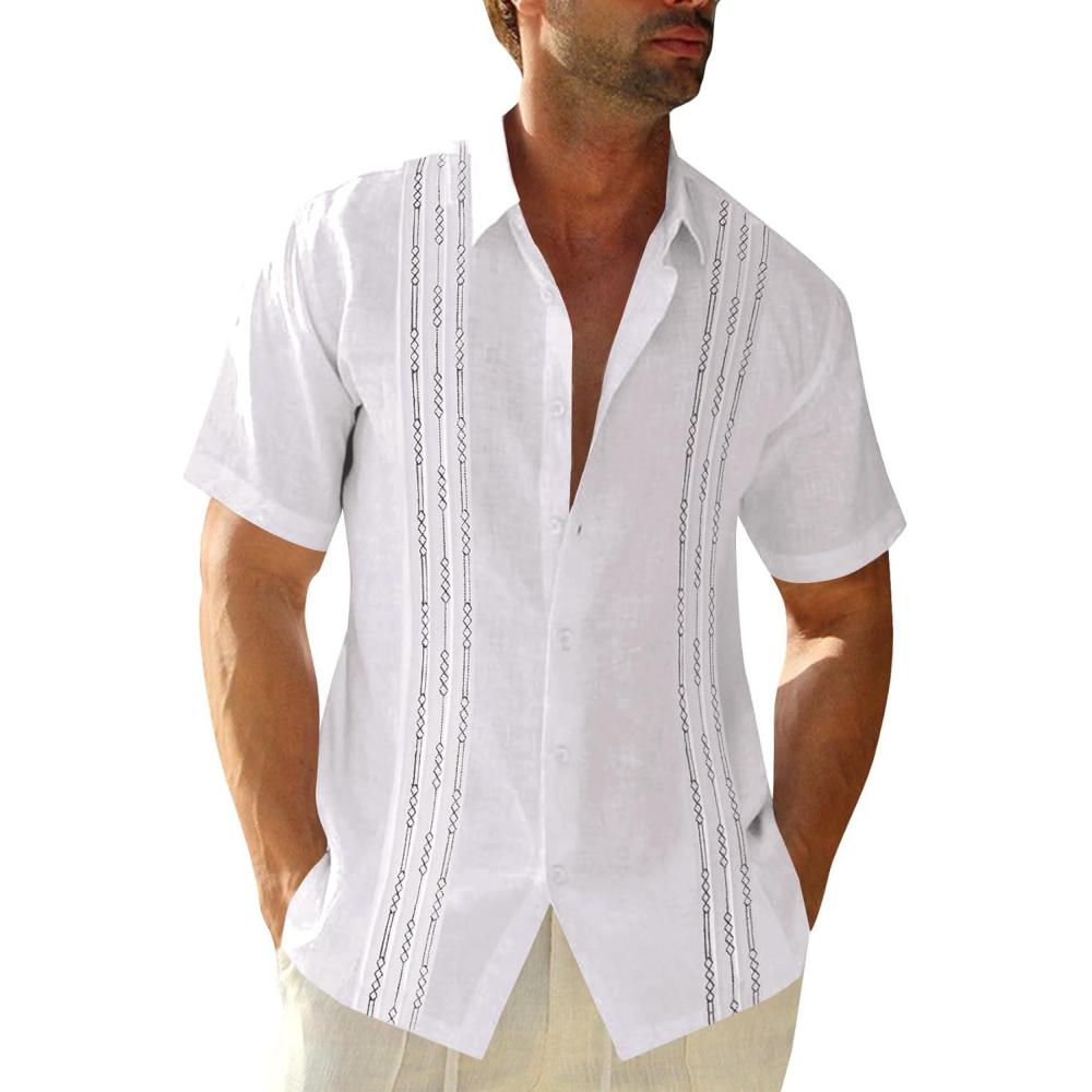 imageRuncati Mens Short Sleeve Guayabera Shirts Linen Cotton Button Down Mexican Embroidered Cuban Wedding Shirt Summer Beach Tops03 White