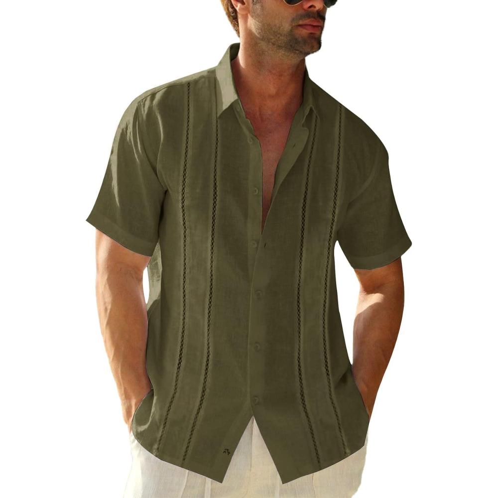 imageRuncati Mens Short Sleeve Guayabera Shirts Linen Cotton Button Down Mexican Embroidered Cuban Wedding Shirt Summer Beach Tops04 Army Green