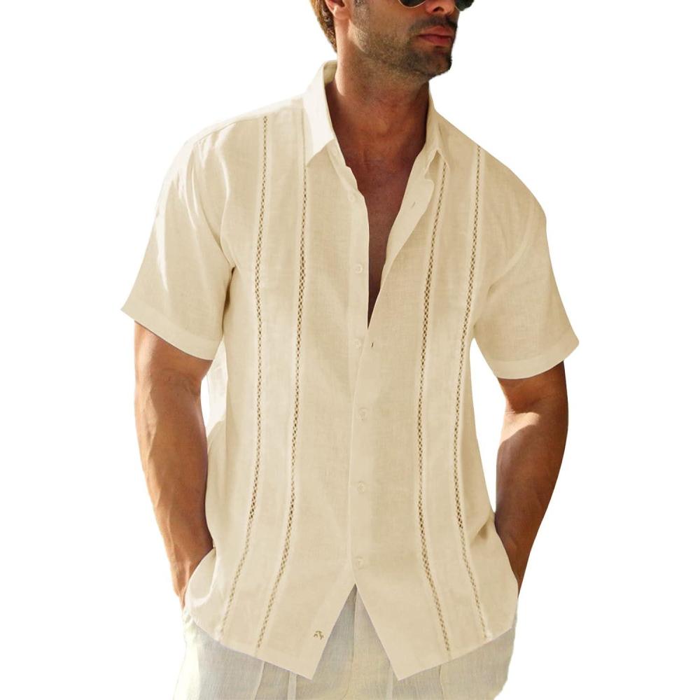 imageRuncati Mens Short Sleeve Guayabera Shirts Linen Cotton Button Down Mexican Embroidered Cuban Wedding Shirt Summer Beach Tops04 Beige