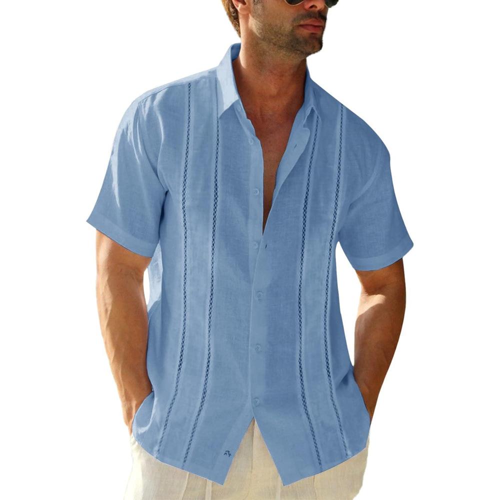 imageRuncati Mens Short Sleeve Guayabera Shirts Linen Cotton Button Down Mexican Embroidered Cuban Wedding Shirt Summer Beach Tops04 Blue