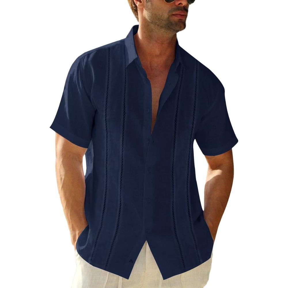 imageRuncati Mens Short Sleeve Guayabera Shirts Linen Cotton Button Down Mexican Embroidered Cuban Wedding Shirt Summer Beach Tops04 Navy