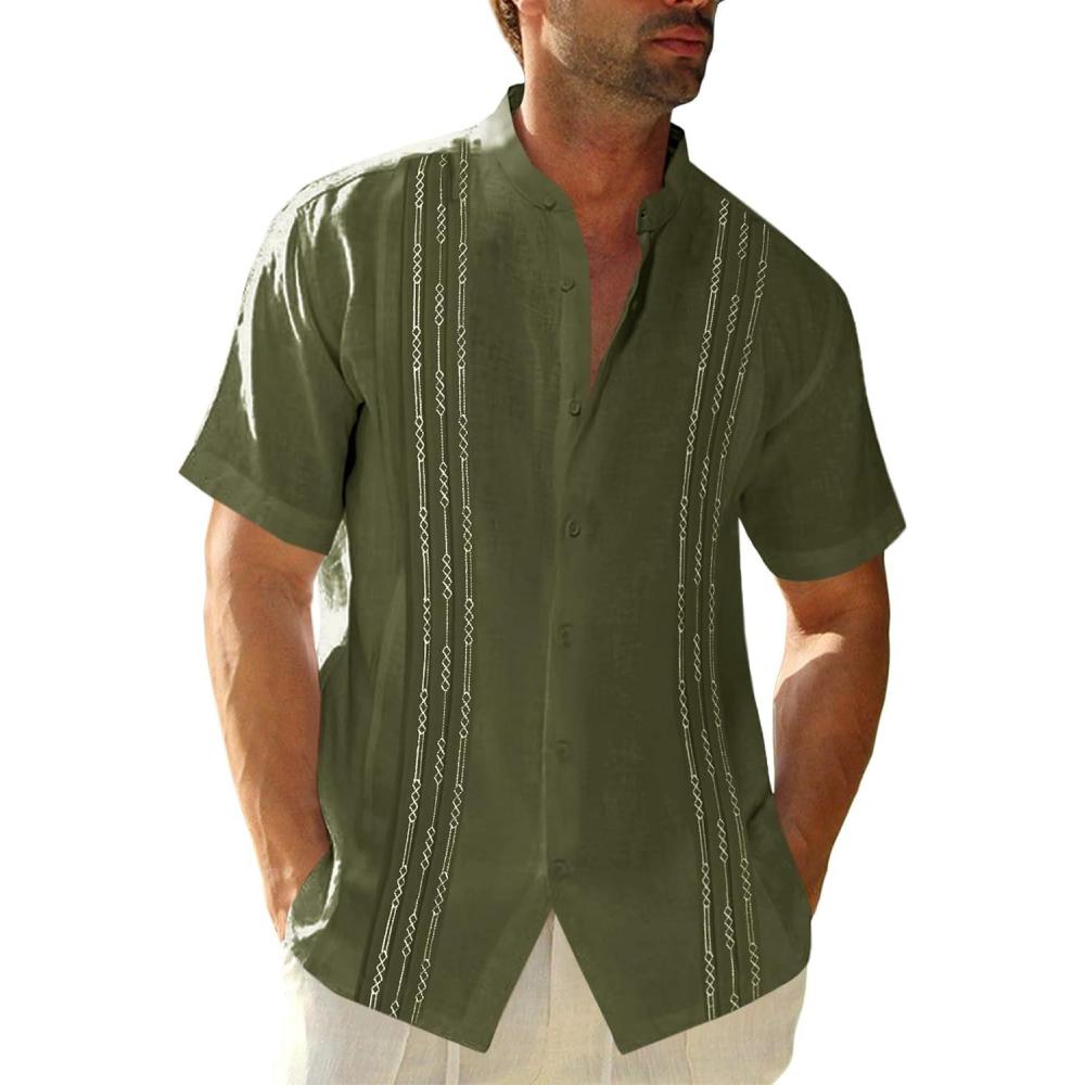 imageRuncati Mens Short Sleeve Guayabera Shirts Linen Cotton Button Down Mexican Embroidered Cuban Wedding Shirt Summer Beach Tops05 Army Green