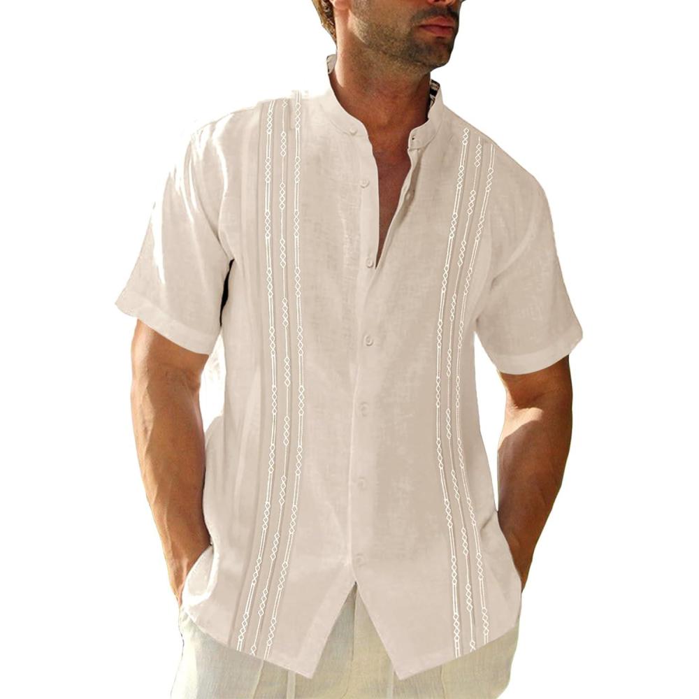 imageRuncati Mens Short Sleeve Guayabera Shirts Linen Cotton Button Down Mexican Embroidered Cuban Wedding Shirt Summer Beach Tops05 Beige
