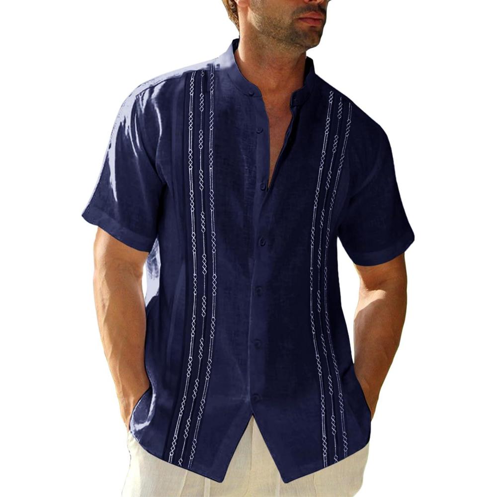 imageRuncati Mens Short Sleeve Guayabera Shirts Linen Cotton Button Down Mexican Embroidered Cuban Wedding Shirt Summer Beach Tops05 Navy