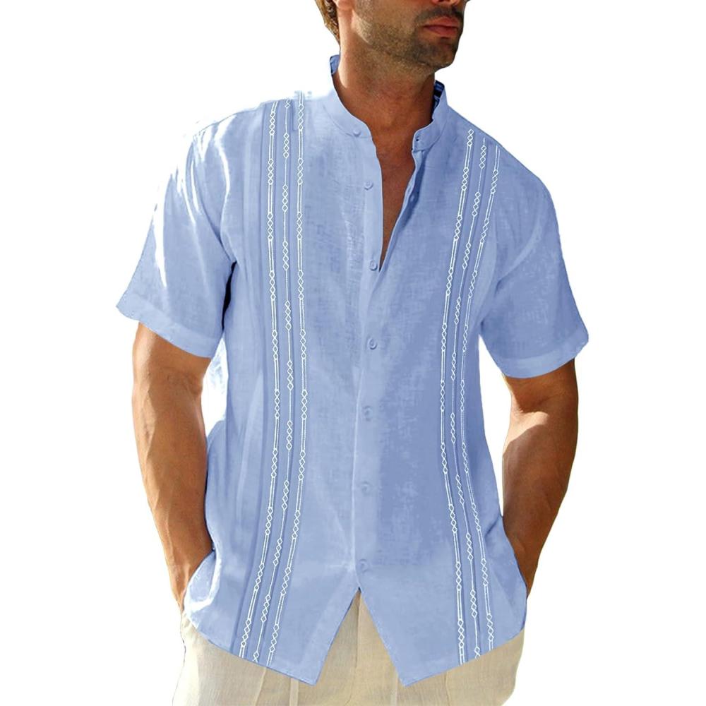imageRuncati Mens Short Sleeve Guayabera Shirts Linen Cotton Button Down Mexican Embroidered Cuban Wedding Shirt Summer Beach Tops05 Sky Blue