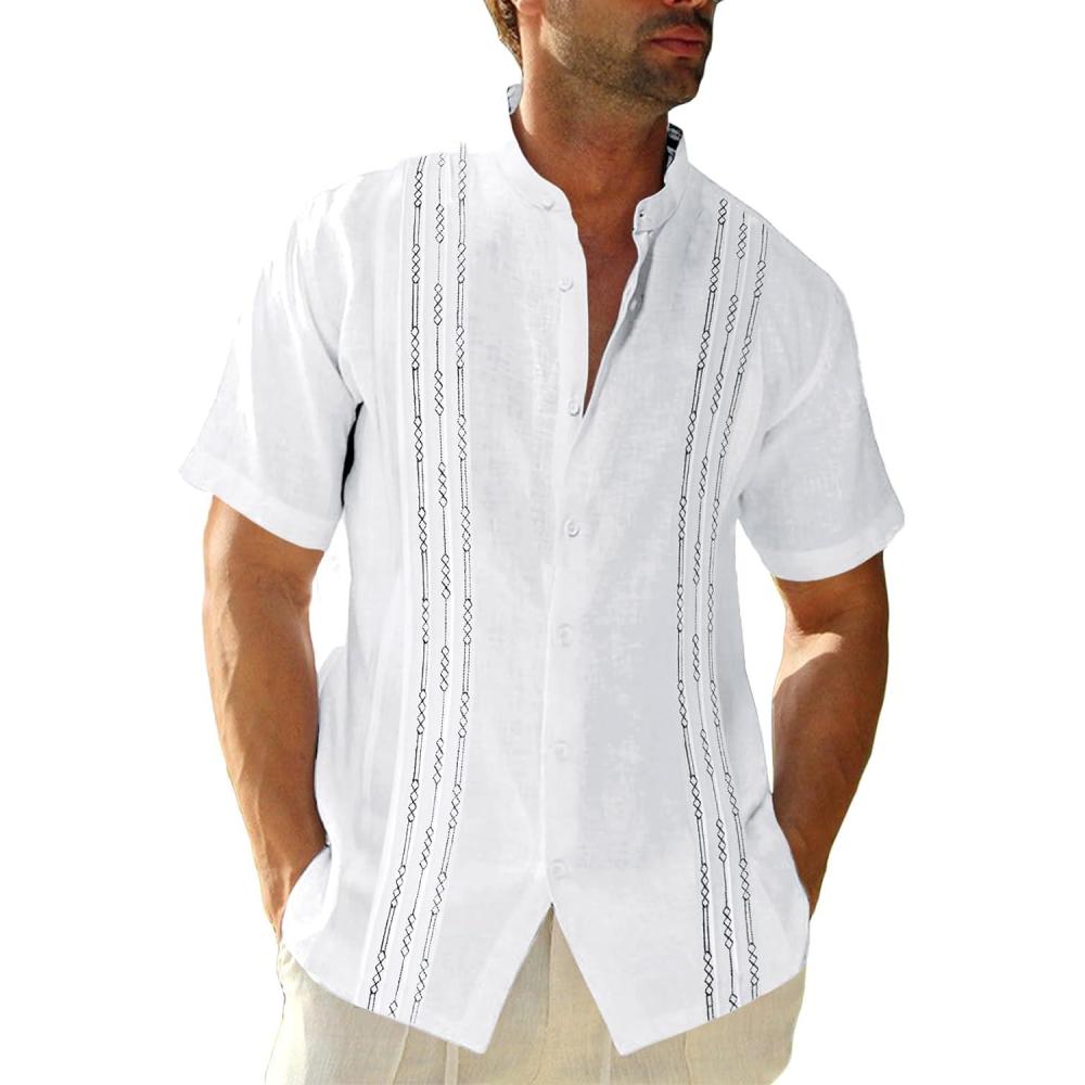 imageRuncati Mens Short Sleeve Guayabera Shirts Linen Cotton Button Down Mexican Embroidered Cuban Wedding Shirt Summer Beach Tops05 White